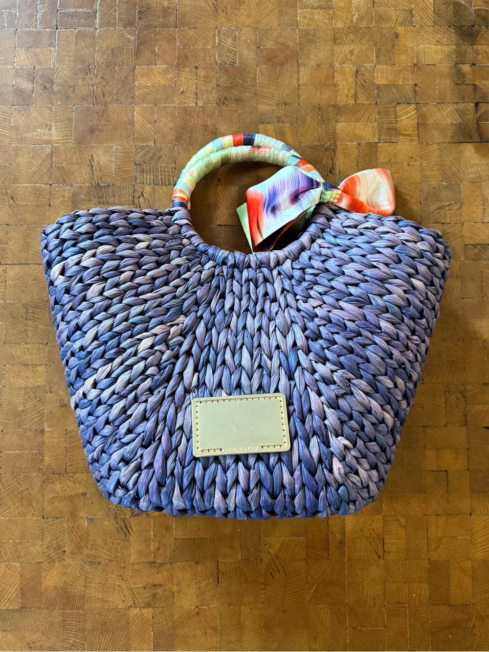 Ted Baker - Woven Purple/Blue Straw Tote with Bright Satin Scarf Accent
